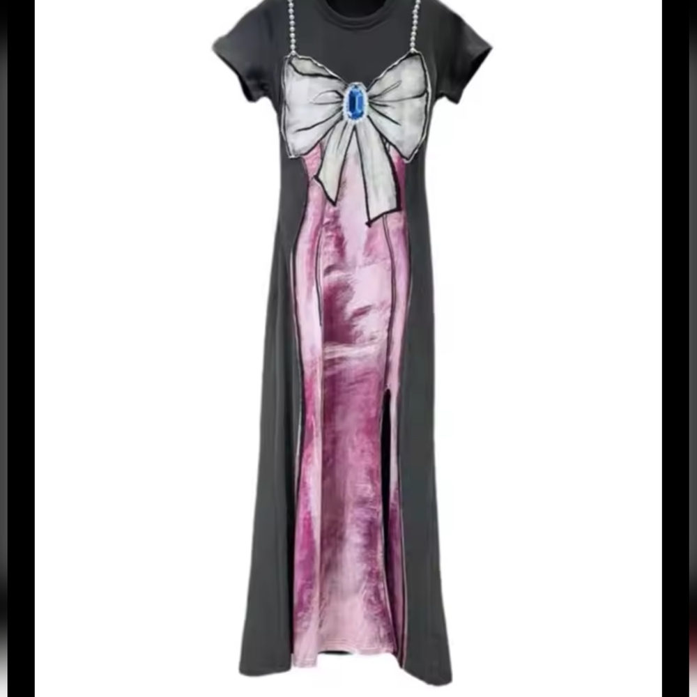 Women's Pearl Bows Print Split Dress Trendy Round Neck Short Sleeves - Picture 5 of 7
